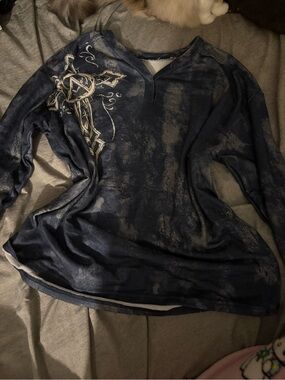 Navy Blue Long Sleeve Graphic Top with Cross Accent